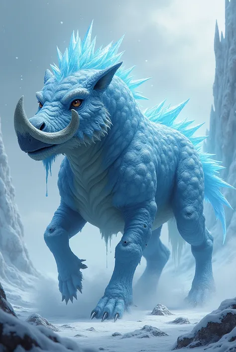 Create a unique, dangerous fighting hybrid fusion AI ratio image using an ice dragon and a warthog. The hybrid should have the icy breath and scales of a dragon combined with the tusks and strength of a warthog. The environment emits a frosty element from ...