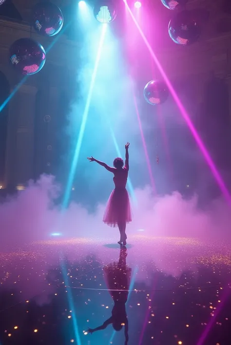 Magical beams of cyan and magenta light pierce through swirling fog, creating an otherworldly dance floor atmosphere. A solitary dancer reaches skyward, silhouetted against cascading light rays while mirror balls scatter countless sparkles throughout the s...