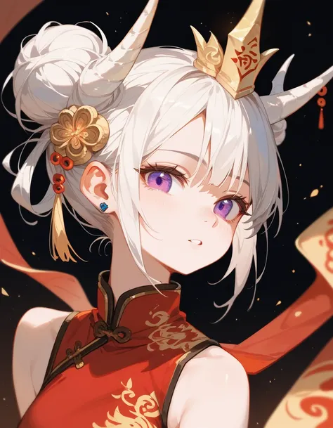  girl, Light Golden White Hair , in purple eyes, Horned Crown , Gold-White Chinese Dress , Chestnut-sized,Hair bun,Hair pin, White Mouth Scarf,Straight Hair 