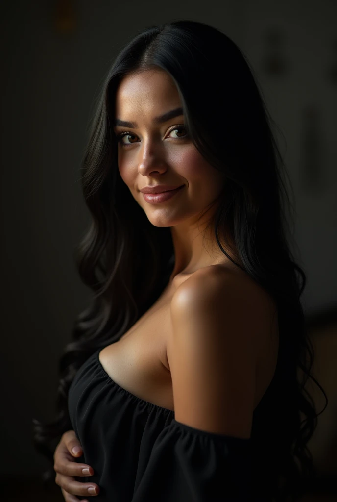  Photo of a curvaceous young woman who looks to have emotional closeness in an elegant dark setting.  Woman with long black neat hair ,  smiling while staring at camera ,  wearing a black dress high shoes .  His expression is calm with an intense gaze towa...