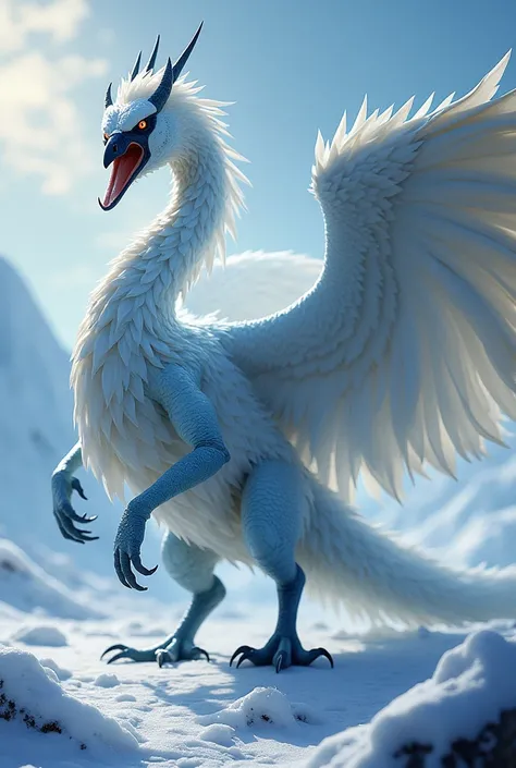 Create a unique, dangerous fighting hybrid fusion AI ratio image using an ice dragon and a swan. The hybrid should have the icy breath and scales of a dragon combined with the grace and wings of a swan. The environment emits a frosty element from the groun...