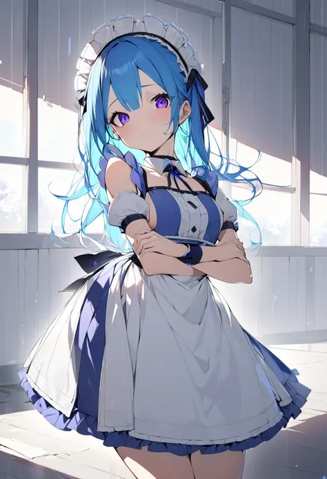  1 girl, Alone,   Masterpiece ,  best quality、 :zero kara hajimeru isekai seikatsu, Rem (:zero), Purple Eyes, gy hair, Blue Hair, clavicle, pants,   maid outfit ,  skintation,  skinny, sideboob, medium basts, , ba legs,
  