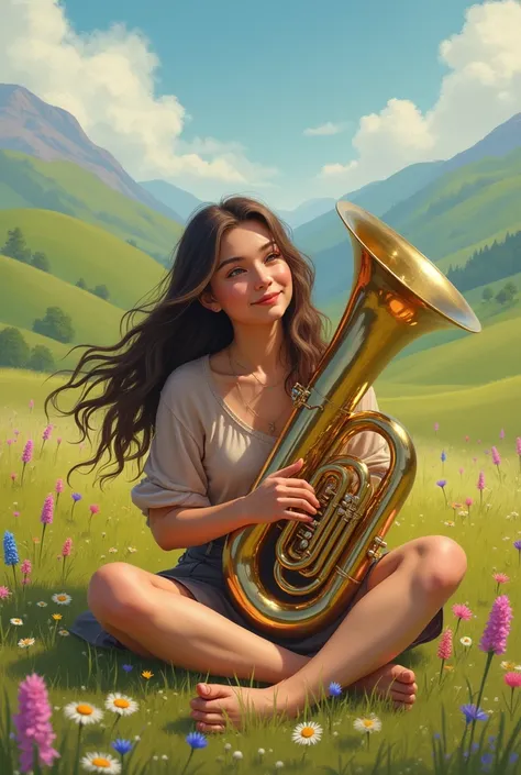 Gurl relaxing while playing the tuba 