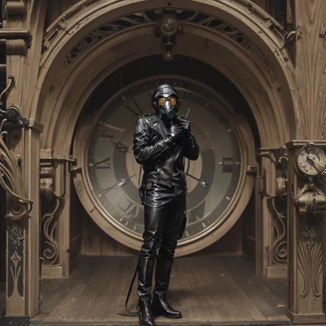 there is a man in a leather outfit standing in front of a clock, inspired victorian sci - fi, wearing a full leather outfit, all black cyberpunk clothes, wearing cyberpunk leather jacket, steampunk superhero, set on h. r. giger aesthetic, hr giger. 8 k, se...