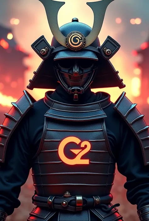  An epic fusion between a samurai and the identity of G2 Esports .  The samurai have traditional Japanese armor mixed with modern esports elements ,  as parts of the armor made with the futuristic design of G2 ,  incorporating the organizations logo at str...