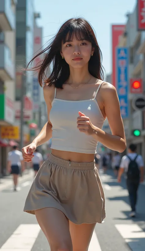 20 year old Japanese beautiful girl　(((A beautiful girl runs from far away:1.6)))  perfect for a smile, sleeveless　 stylish miniskirt 　Big Breasts　 high definition , accurate,  anatomically correct, masterpiece,  best quality,  Very detailed,  Ultra High D...