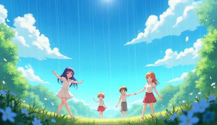 Anime,after rain, bright sky,sun light,White clouds,happy people