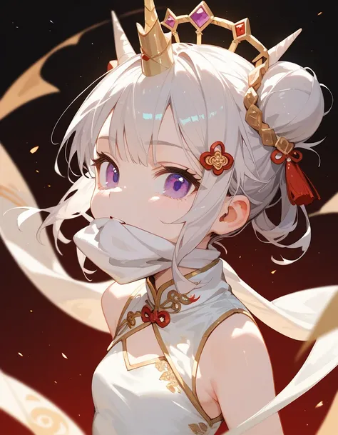  girl, Light Golden White Hair ,In light purple eyes, Horned Crown , Gold-White Chinese Dress , Small Breasts ,Hair bun,Hair pin, White Mouth Scarf,Straight Hair 