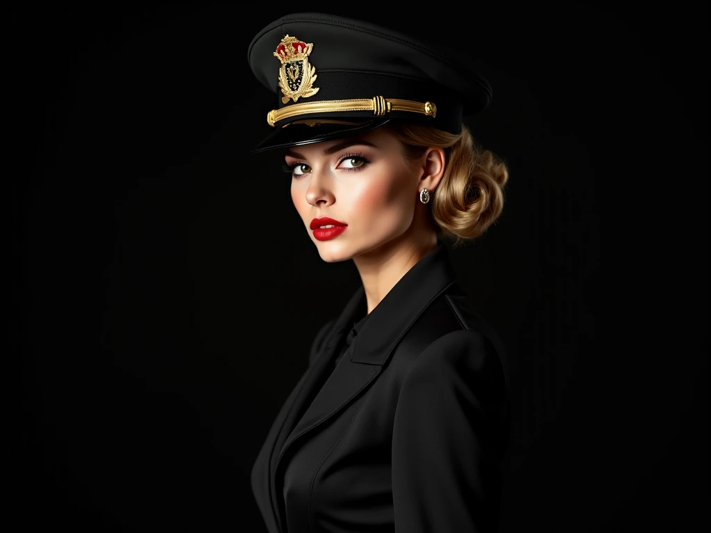 Studio portrait of a woman, intense gaze, wearing a military-style officers cap.  Sharp, focused gaze directed slightly upward and to the viewers right.  Red lipstick accentuates her full lips.  Dramatic chiaroscuro lighting highlights her features, castin...