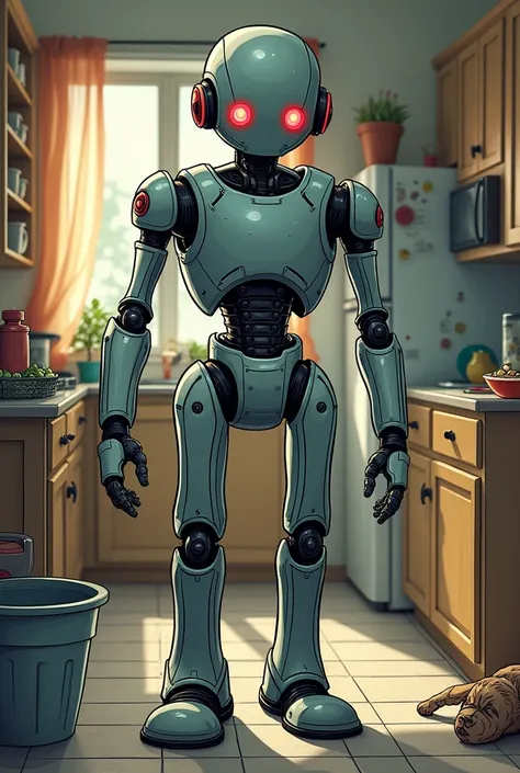 Its the same housekeeper robot, but ,  Its a boy humanoid robot with a mechanical face that doesnt express emotion.  its a robot with red eyes and no humanity . Express it like a comic