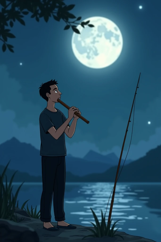 Make an animated cartoon photo of a man enjoying the full moon and playing with a 40cm long distilled bamboo flute while waiting for a fishing rod to drown beside him so that he is full of solitude wearing a black t-shirt and black pants