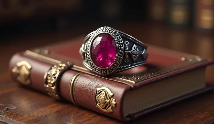  A silver signet ring decorated with a ruby, ayant des armoiries sur les côtés,  placed on an old leather book , sur un bureau