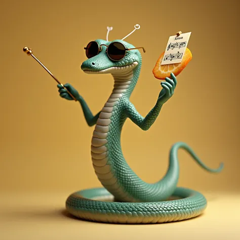 The snake stands upright, holding a tiny orange slice as a conductor’s baton, its body swaying in rhythm. Its sunglasses reflect a sheet of music, and the background is empty.