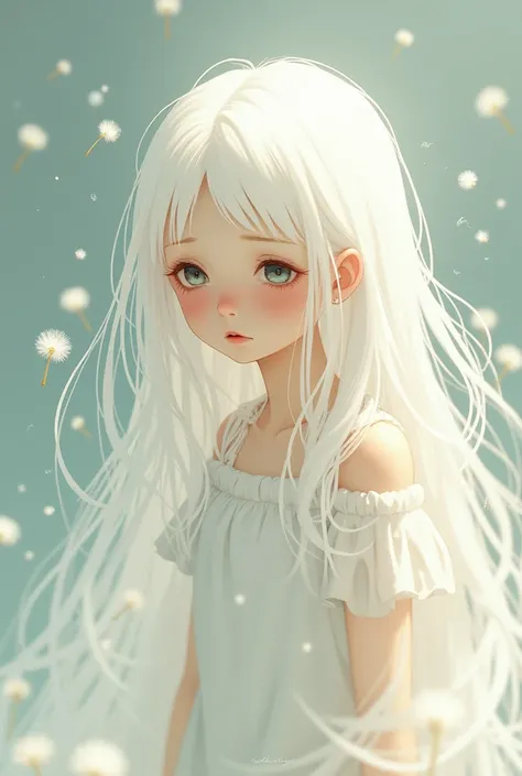 A delicate and ethereal illustration of a young girl with long, flowing white hair, resembling a fragile spirit. She is depicted in a dreamlike scene, crying softly like a , her tears blending with the gentle movement of dandelion fluff drifting through th...