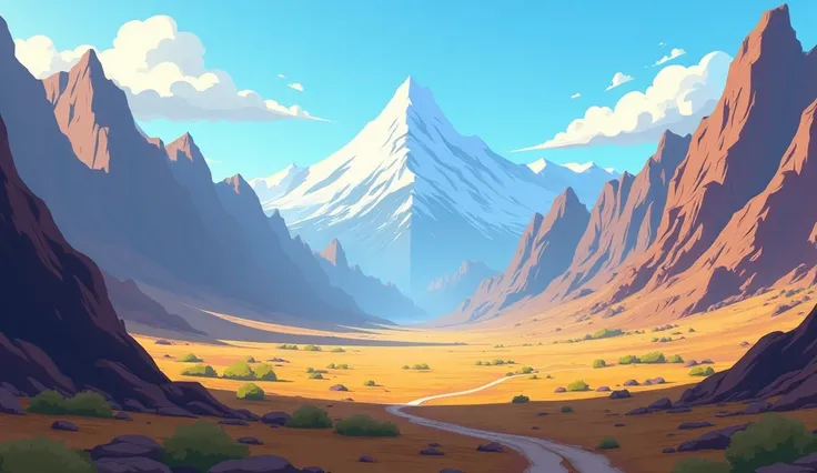 A remote valley surrounded by rugged mountains in Argentina, with sparse human settlements. The terrain appears vast and untouched, illustrating isolation and inaccessibility, cartoon animation 