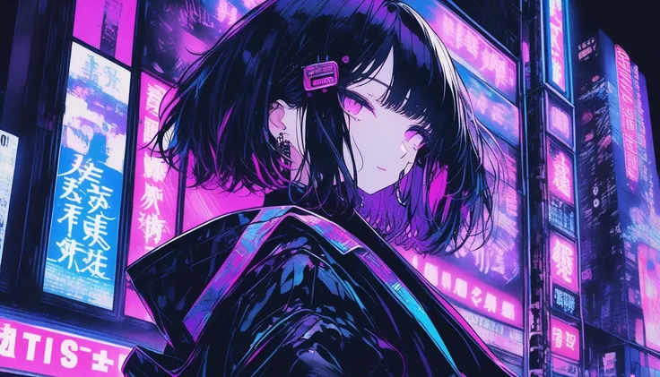 (best quality, sketch:1.2), realistic, illustrator, anime, 1 girl, detailed lips, black dress8, custom, (background night cityscape with multiple neon colors, dark monochrome with vibrant neon lights), neon hair, textured cropping, masterpiece, style retro...