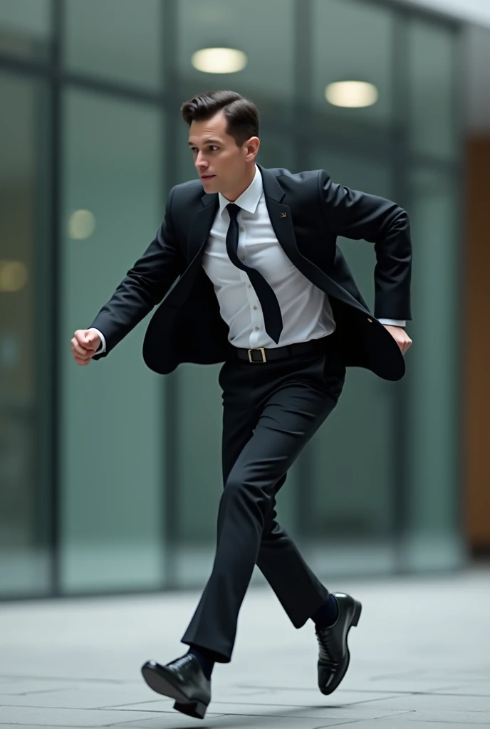 A guy is running, he wear a black suit, side view

