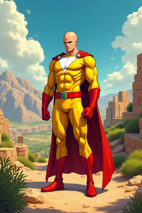  A picture of Saitama wearing his costume in the color of the world of Palestine