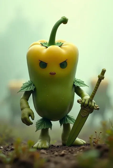 A petite anthropomorphic bell pepper with faded green and yellow tones, holding a small sword made of a carved zucchini. He stands in a misty battlefield, the blurred silhouettes of other vegetable warriors visible in the distance. Soft, muted colors, deta...