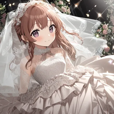  1 girl, Onion Hair 、 Rose Brown Smiling ,  dark eyes、 prom dress、 Wedding Veil Multiple Ribbons, Lace pattern　white