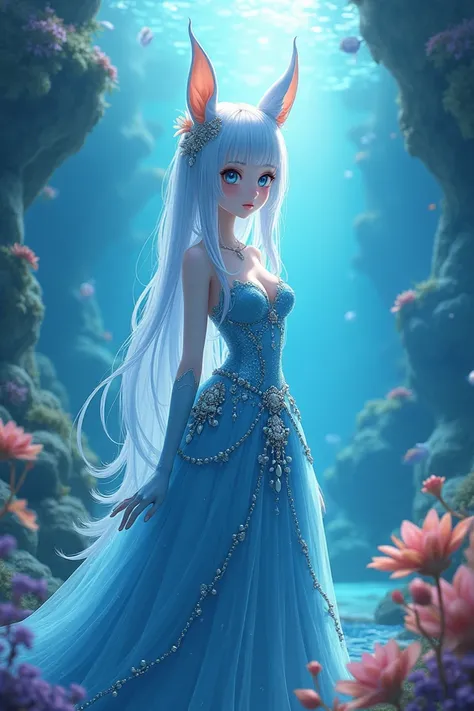 Anime a   with leviathan ears with blue eyes and white skin, a blue princess dress with pearls, standing at the aquarium