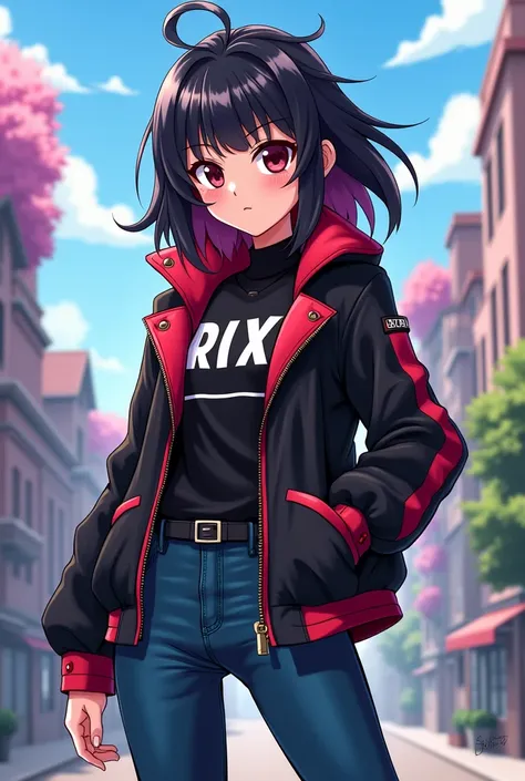 Rias Gremory with black jacket with red edges dbs cartoon style and with jeans and with black hair and pink tuft
