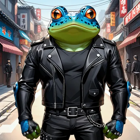 Closeup, Korean webtoon style illustration, an extremely badass anthropomorphic light blue and white bullfrog wearing an insanely cool black leather biker jacket open, black shirt, black leather biker gloves, black leather biker pants, standing confidently...