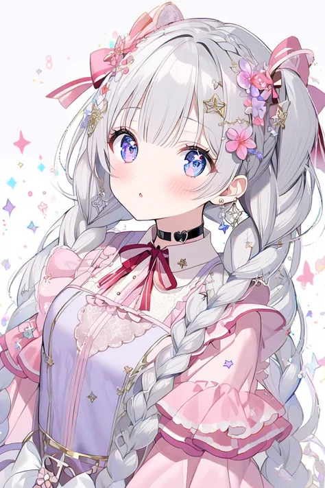 1girl,bangs,long_hair,ribbon,solo,blue_eyes,blush,silver_hair,simple_background,white_background,braid,breasts,heart,jewelry,eyebrows_visible_through_hair,looking_at_viewer,star_(symbol),symbol-shaped_pupils,twin_braids,twintails,dress,hair_ornament,choker...