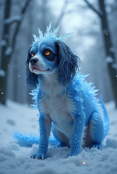 Create a unique, dangerous fighting hybrid fusion AI ratio image using an ice dragon and a Cavalier King Charles Spaniel. The hybrid should have the icy breath and scales of a dragon combined with the gentle nature and fur of a Cavalier King Charles Spanie...