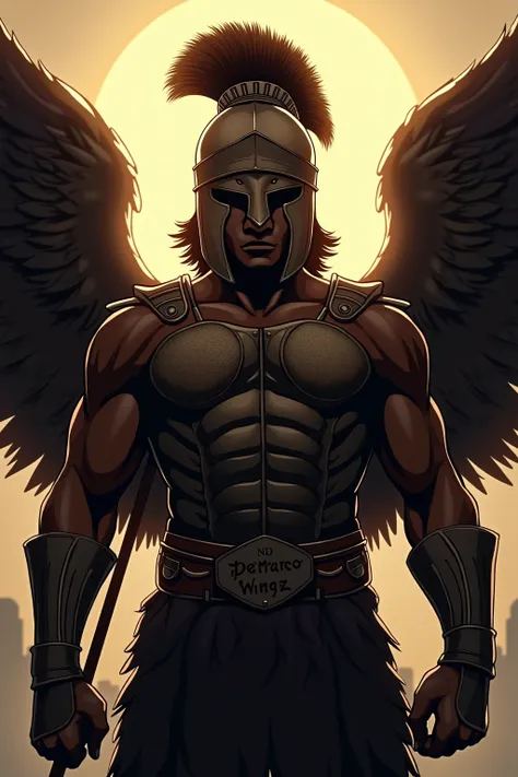 A african american shadow, smokey faced greek hero achilles figure with spartan helmet, wings, a halo and the words “DemarcoWingz” across the chest
High Resolution,Masterpiece, Best Quality, HD, Illustration,Anime Style, 