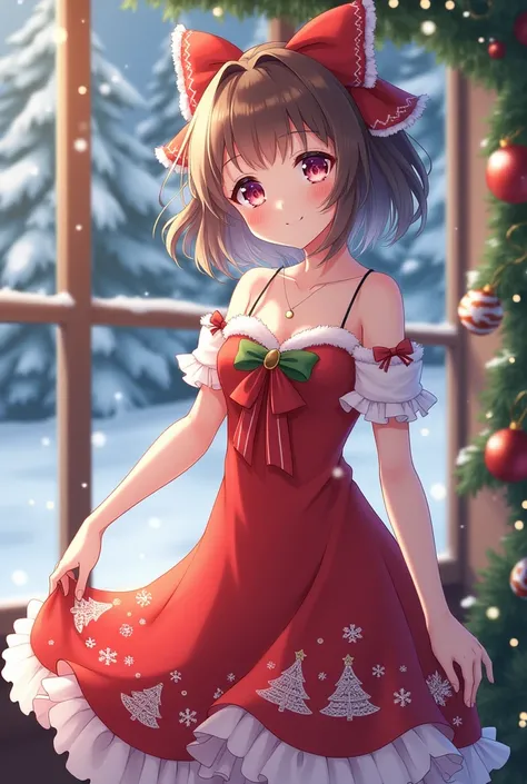 Pretty Girl Wearing Christmas Theme Dress Anime Style
