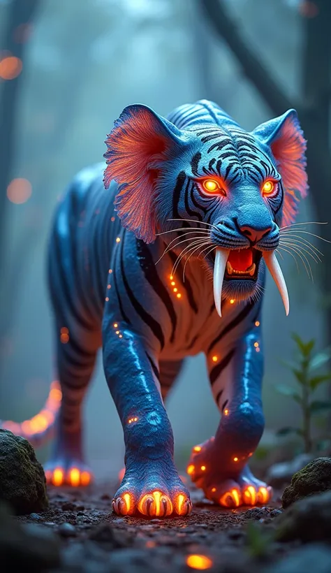 Design a hybrid creature that blends elements of [tiger] and [elephant]. This creature has the body shape of [both tiger and elephant], but with the [distinct feature] of [tiger and elephant]. The skin is covered in [texture, like scales or fur] with glowi...