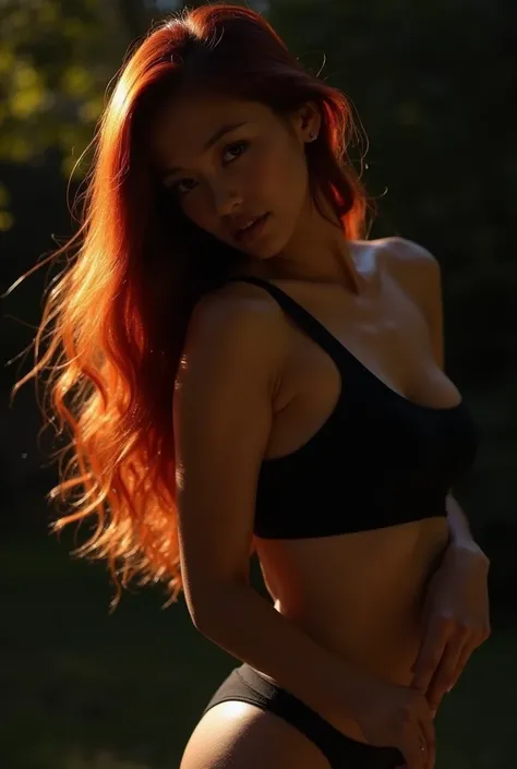 moody instagram photo, lower body photo of 19 years old asian girl, camel toe, from below, (wearing black crop top:1.2) , squeeze, (lower body naked) , asymmetric boobs, underboobs, teasing, dirty fiery red hair, color gradient, bright tips of hair, sun-ki...