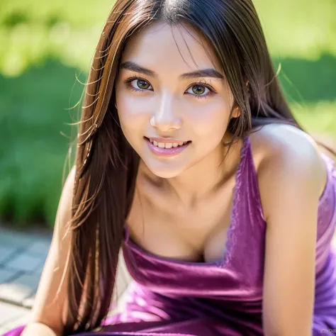  Beautiful and sexy asian with light green eyes, 22 years, 


seductive look in the eyes, girl wears designer purple velvet dress, castle ruins, full body shot, walking, sardonic smile, purple velvet dress, shoes, piernas desnudas, purple dress,

innocent ...