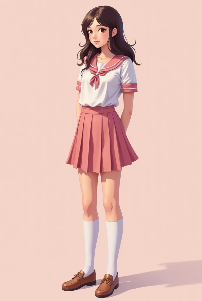 hailee steinfeld in adorable pink school blouse and skirt with white high stockings, full body shot