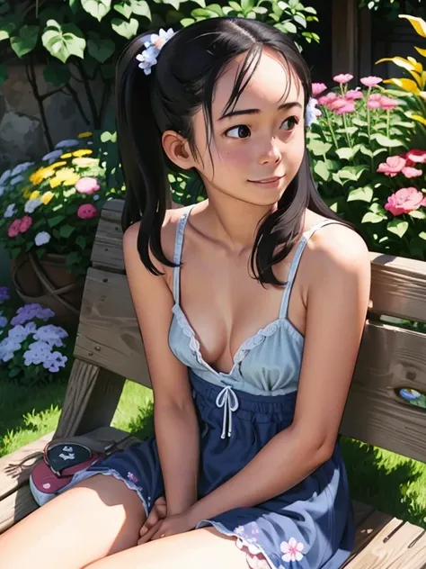  one girl、Simple girl、garden、 is sitting on a bench、 blue sky、Bright Sun、 detailed hair、 detailed face 、 detailed skin、( small breasts)、(( cleavage))、( short floral dress)、 slender 、 hair that flutters like、smile、blush、Looking up、 embarrassing expression、(...