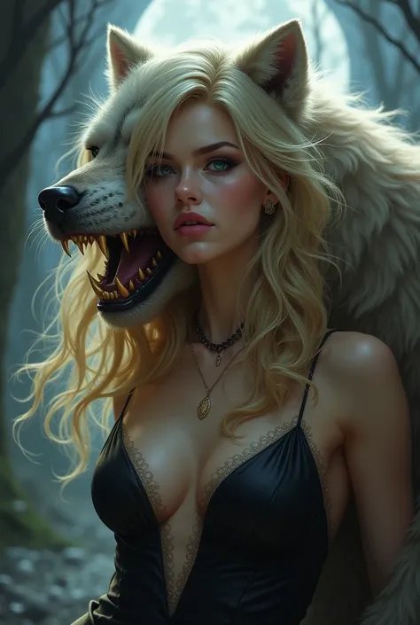 Une jolie femme blonde se transformant en loup-garou. On y voit ses dents ces griffes.. 