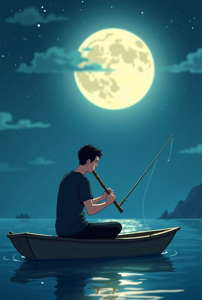 Create an animated cartoon photo of a man sitting on a boat
 Enjoying the full moon and playing with 40cm long distilled bamboo flute while fishing, the fishing rod was placed next to him in a supine position so that he was full of solitude wearing a black...