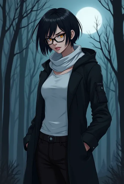  black hair, short hair ,Yellow Eyes, pretty girl,Neutral,cool, boyish, Tall,Muscular, pure white skin,Glasses girl, wearing black-framed glasses ,Handsome Girls, white long sleeve t-shirt , wearing a black hooded long coat over a t-shirt, black cargo pant...