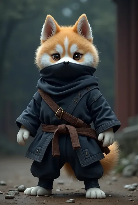  cute、Husky dog、 in the form of a ninja、 standing