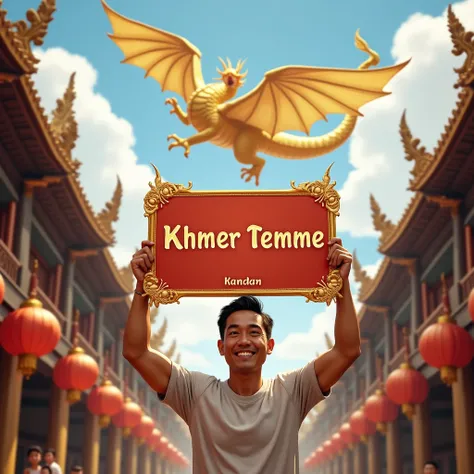 
A handsome middle-aged boy holds up a "Khmer Temme" sign in the center of a Cambodian city with an ancient golden dragon flying behind it.