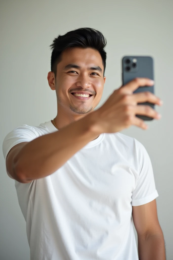 Hot guy, wear a white t shirt, taking selfies, Malaysian 