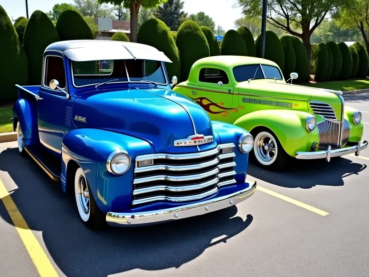 Two vintage American cars, a vibrant blue Chevrolet pickup truck and a lime green classic car, parked side-by-side at a car show.  The blue truck, a classic 1940s design, boasts a glossy, deep-blue paint job with hints of gray on the roof, reflecting the s...