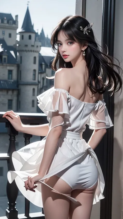 ((Girl standing on balcony of old castle))、((Rear view)),((look back))、Fluorescent color、1 girl、Looking to the side、Beautiful face、Beautiful eyes、（Off the shoulder：1.2）、Upper Body、Shiny Hair、Glowing Skin、 Reduce glare、The proportions of the fingers have be...