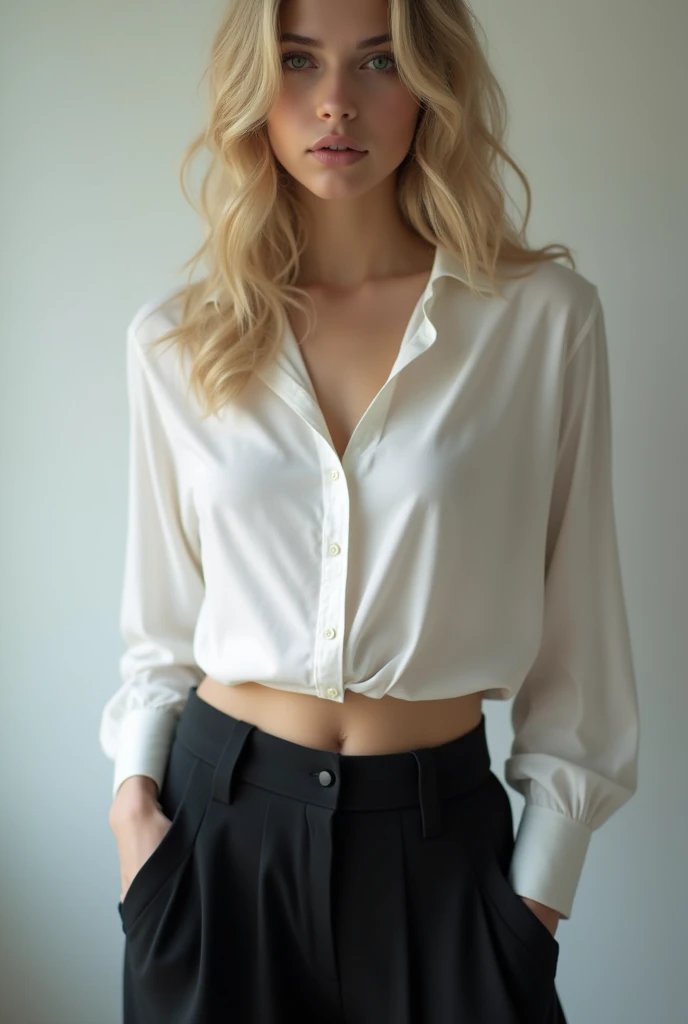 Create a close to the hip Down photo of a girl with light hair and big blond wearing loose black pants and a white fitted blouse