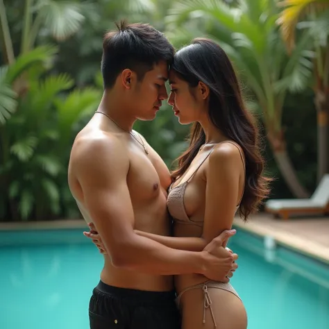 realistic photo , a sexy, skinny and big breast malay woman, wearing short shirt, hug her fat boyfriend. taking photo at their swimming pool