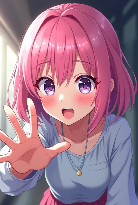 35-year-old anime girl with pink hair wipes the viewers screen 