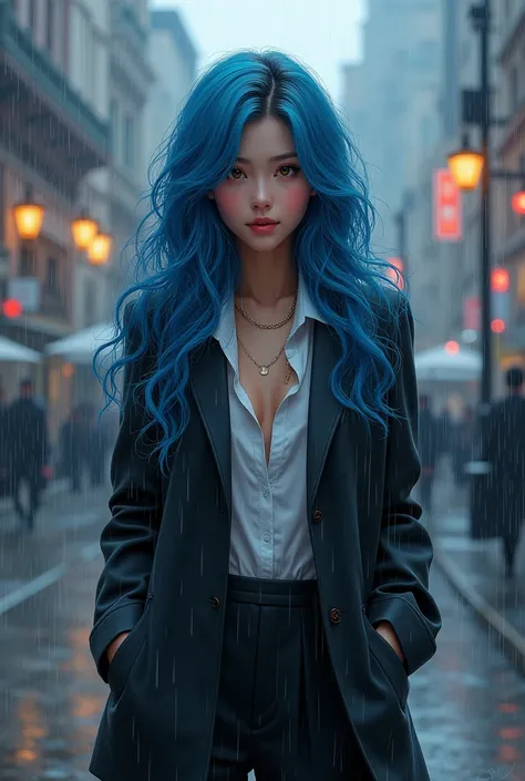 A beautiful girl with wavy , blue long hair in a street suit ,  standing in the rain with a beautiful smile