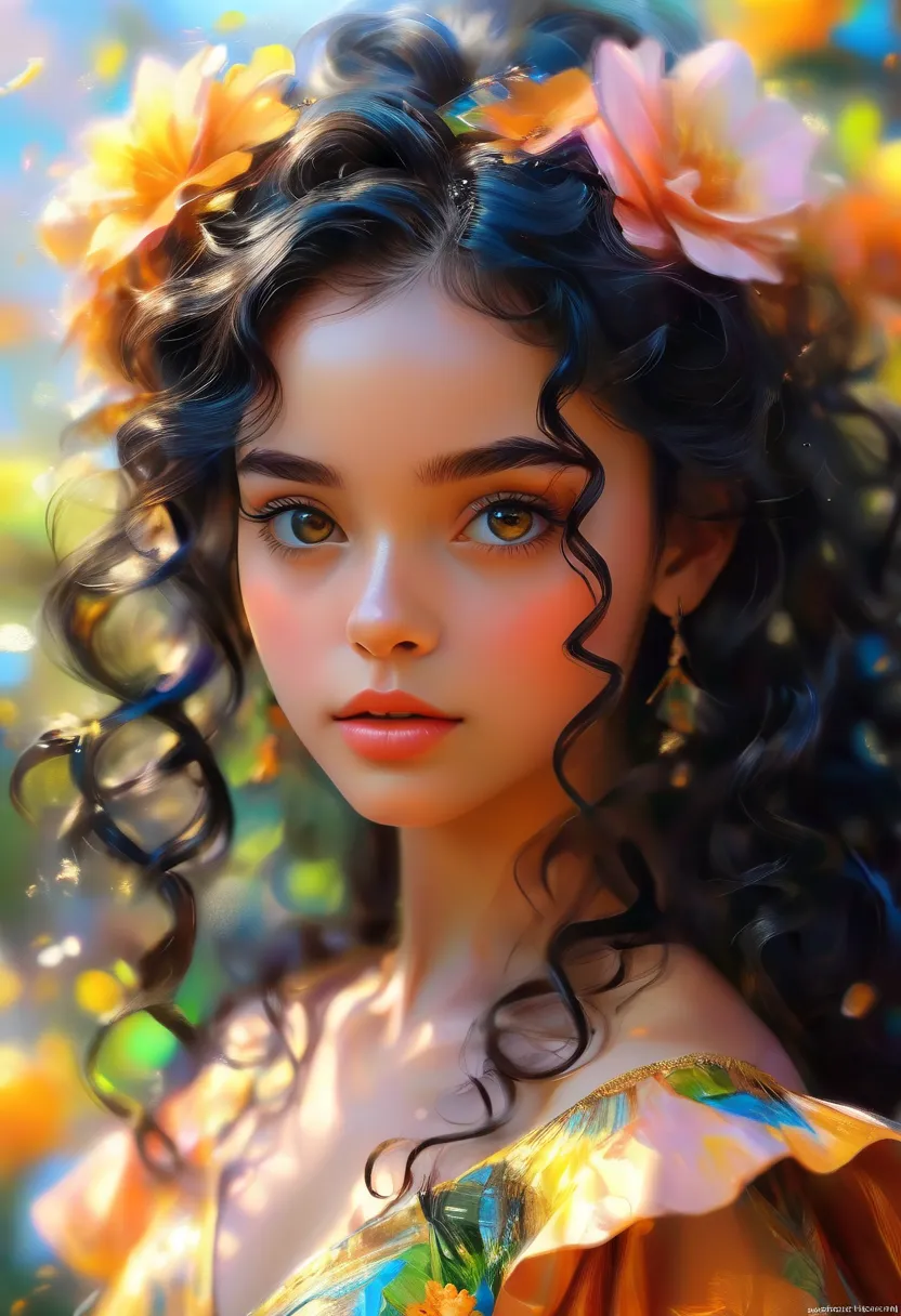 real photo , portret real fotorealiazm 16 k , piegowata girl with black curly hair and (black eyes), stunning digital illustrati...