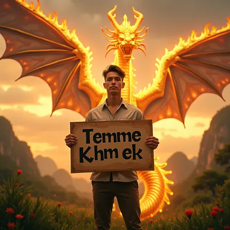 A handsome young man stands with the sign "Temme Khmer" in the center of Cambodia, with a golden fire dragon flying in the background.